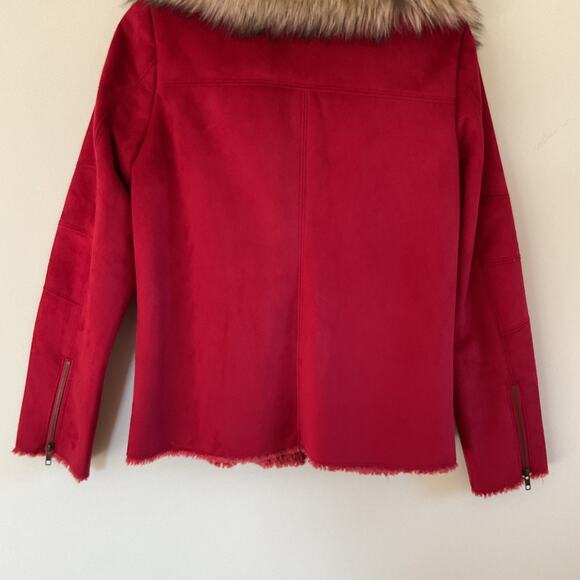 Tasha Polizzi Red Suede Moto Jacket Sz M Detachable Faux Fur Collar Asymmetrical - Picture 11 of 16